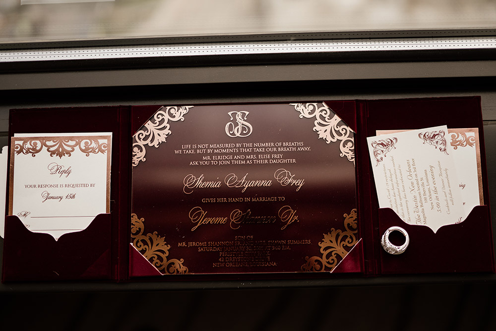 Burgundy and gold wedding invitation | photo by Audie Jackson
