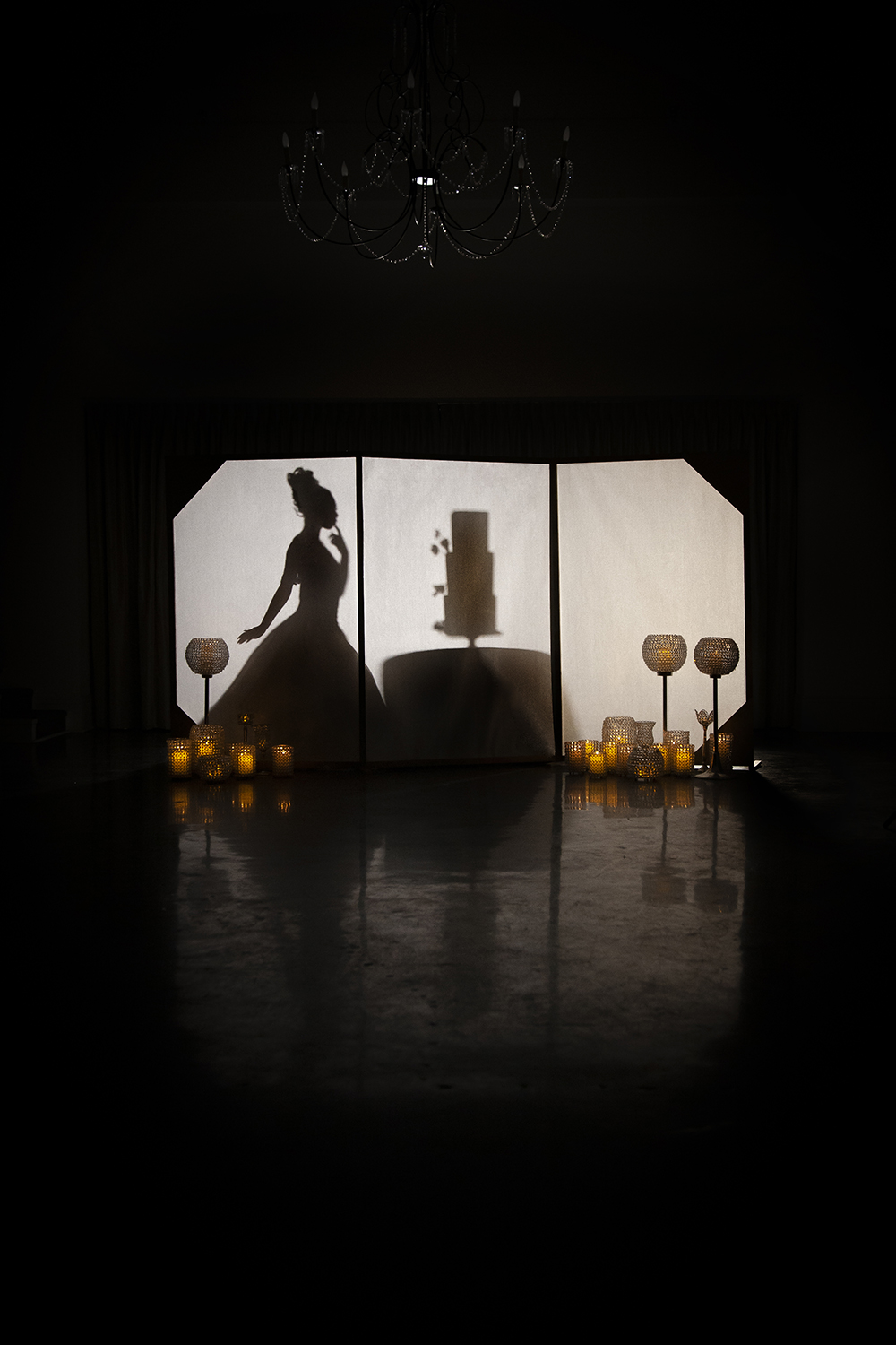 Silhouette of a bride and wedding cake.