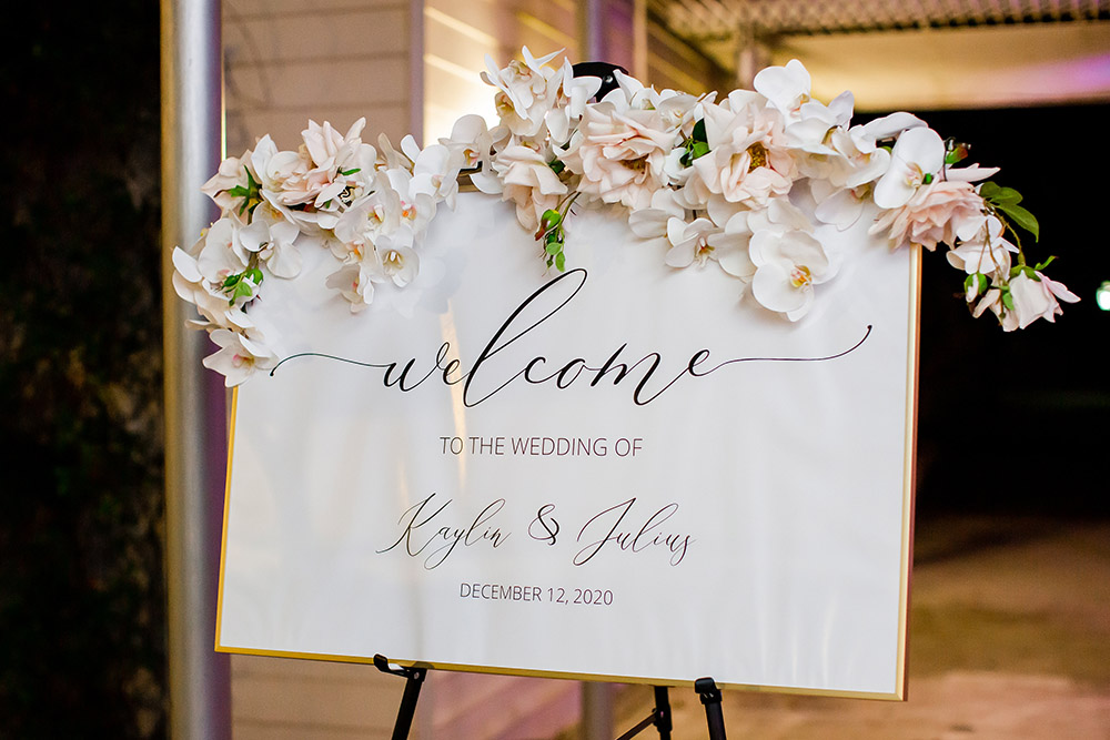 Welcome sign at Kaylin and Julius' reception.