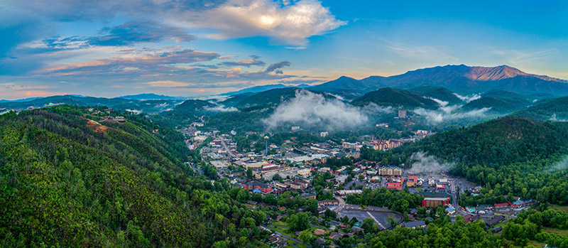 Gatlinburg, Tennessee, USA Downtown Skyline Aerial Panorama. Photo: Kevin Ruck