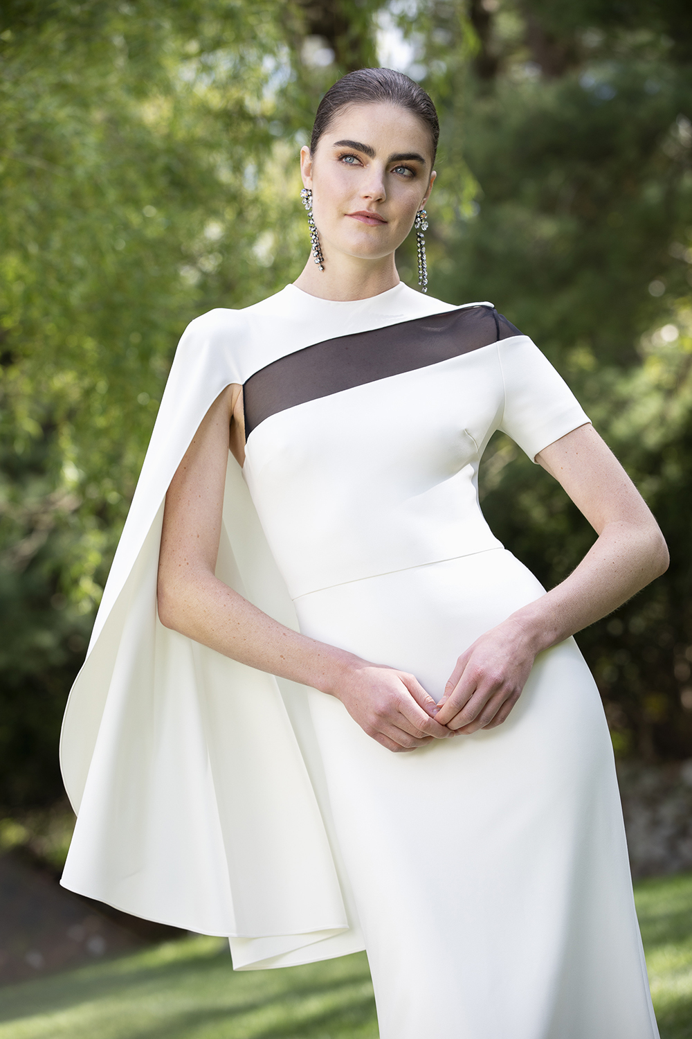 CREPE MODERN CAPE SLEEVE GOWN BY CHRISTIAN SIRIANO