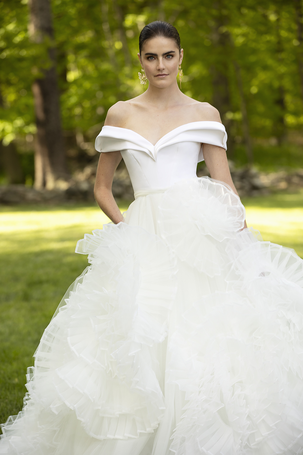 SCULPTED CREPE OFF THE SHOULDER BODICE WITH ORGANZA AND TULLE ROSETTE SKIRT BY CHRISTIAN SIRIANO