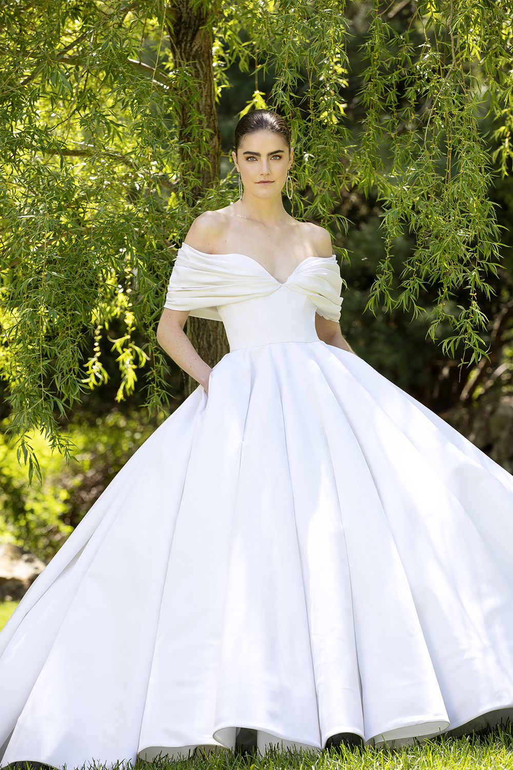 SILK FAILLE OFF THE SHOULDER DRAPED BODICE GOWN