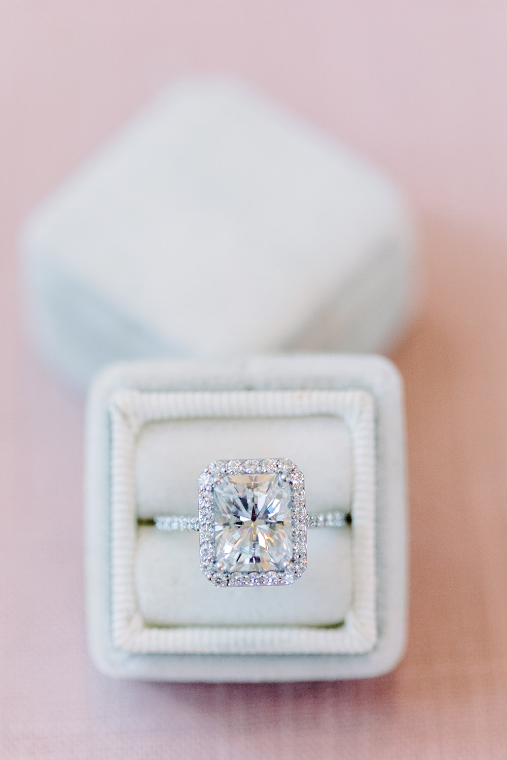 4.82 CTW Radiant Forever One Moissanite Signature Halo with Side Accents Wedding Set in 14K White Gold by Charles & Colvard