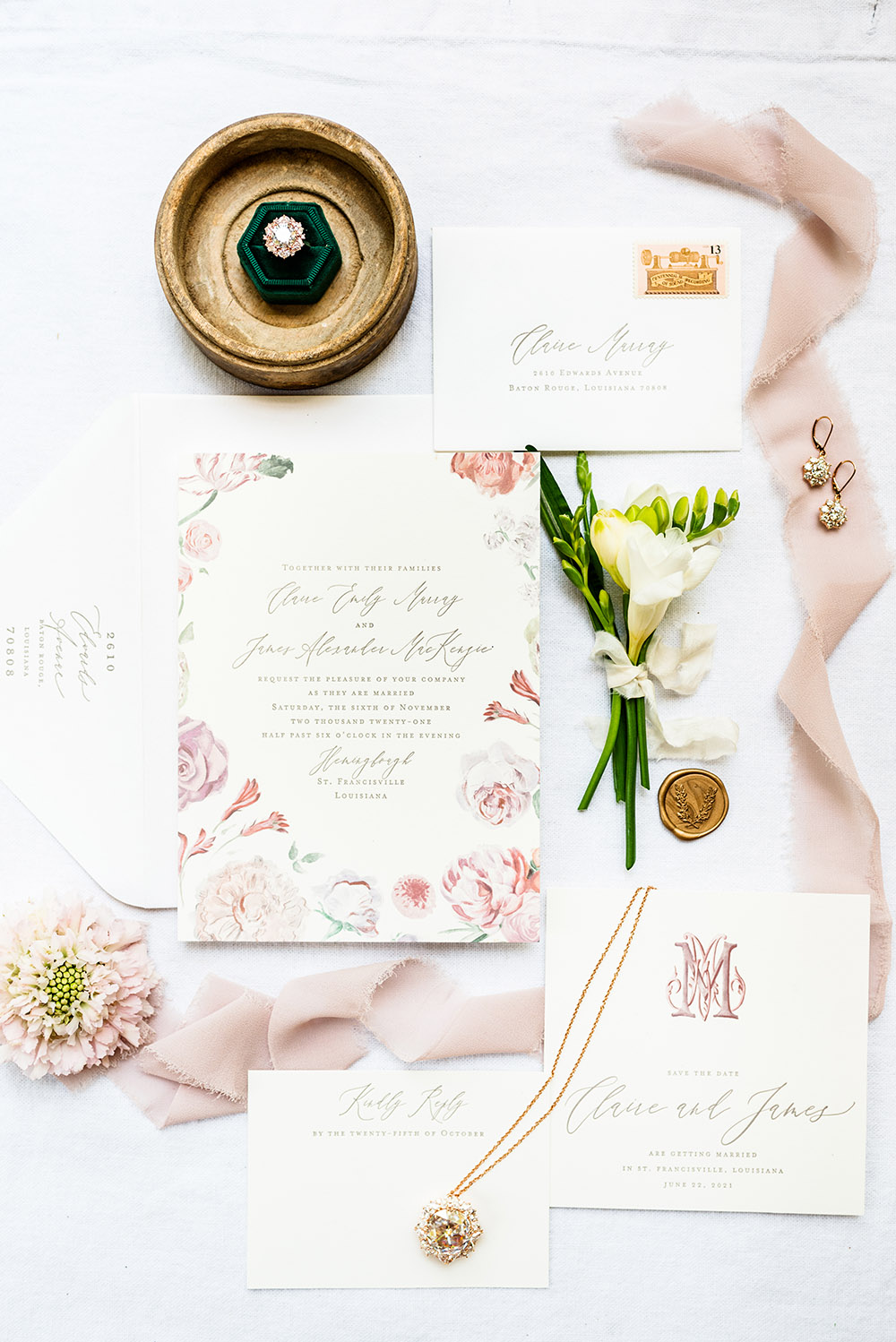 Letterpress wedding invitations and moissanite jewelry