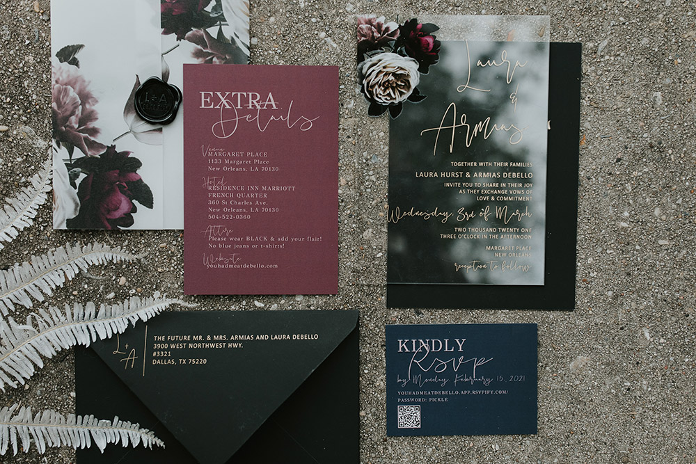 Burgundy and black floral wedding invitation; acrylic wedding invitation