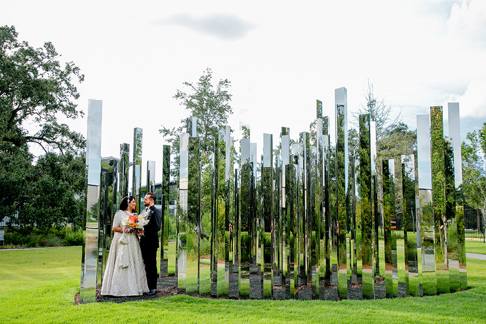 Wedding portrait in Jeppe Hein's Mirror Labyrinth in the Besthoff Sculpture Garden in New Orleans