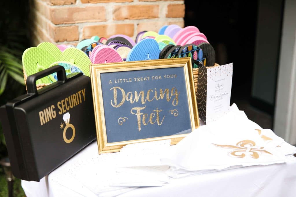 A flip flop station for guests at the wedding.