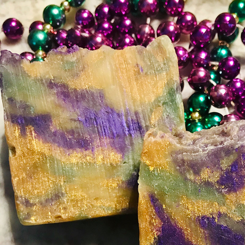 1803 Soap handmade Carnival bar soap wedding favors in purple, green and gold.