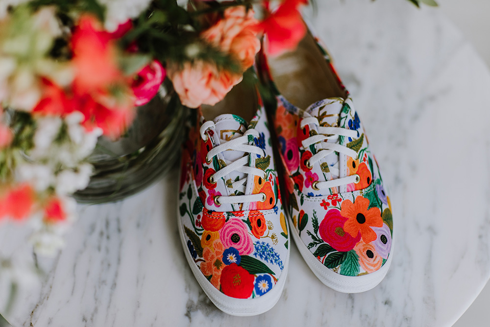 Del's floral wedding tennis shoes. Photo: Ashley Biltz