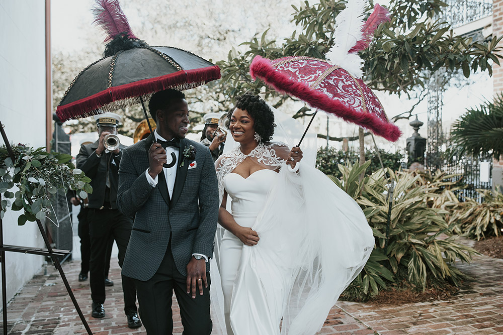 Wedding Second Line with Red and Black Umbrellas