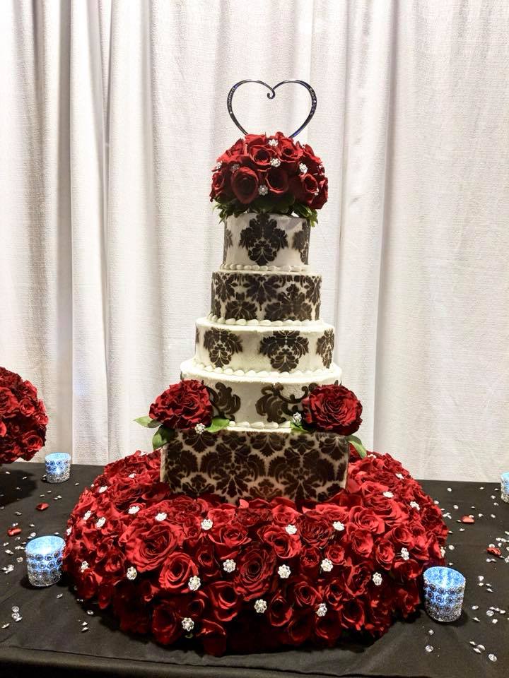 black, white and red wedding cake