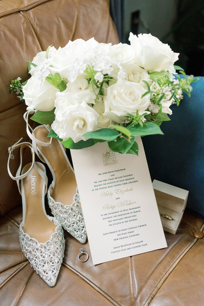 wedding bouquet, shoes, invitation and rings