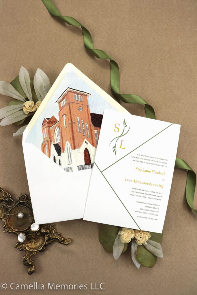 Wedding invitation with church illustration envelope liner